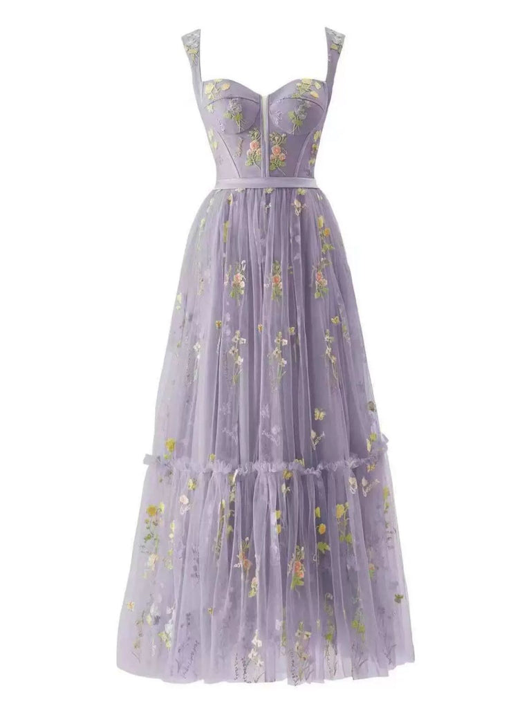 1930s Floral Mesh Boned Lace-Up Dress, classic vintage style elegant retro fashion - Image 3