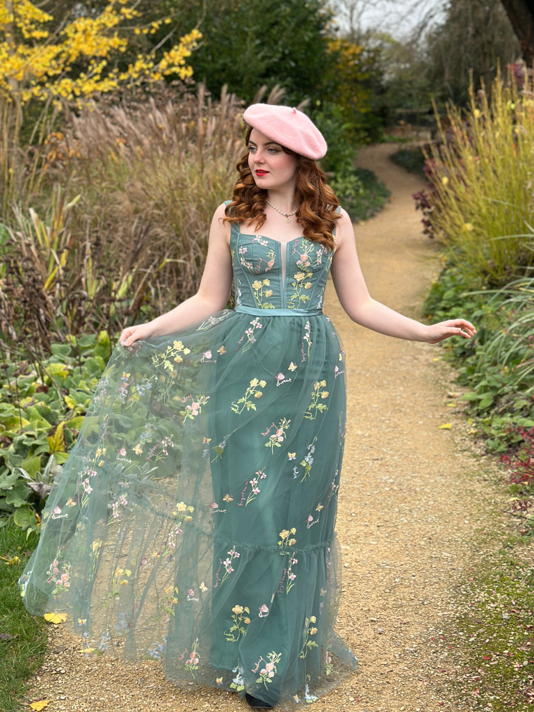 1930s Floral Mesh Boned Lace-Up Dress - vintage dress, retro fashion