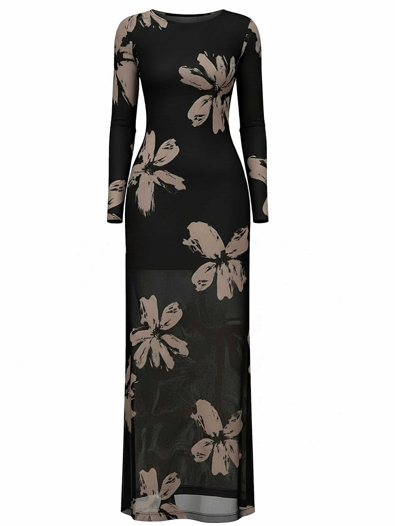 1930s Floral Mesh Long Sleeve Maxi Dress - vintage dress, retro fashion