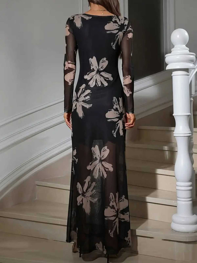 1930s Floral Mesh Long Sleeve Maxi Dress - vintage dress, retro fashion