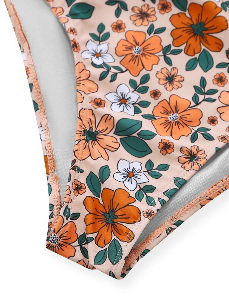 1930s Floral Ruffle Cutout Tie-Front One-Piece Swimsuit, vintage swimsuit, pin-up swimwear - perfect for women who love vintage and retro fashion