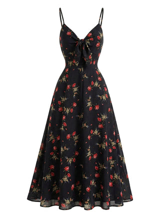 [Pre-Sale] Black 1930s Rose V-Neck Bohemian Slip Dress