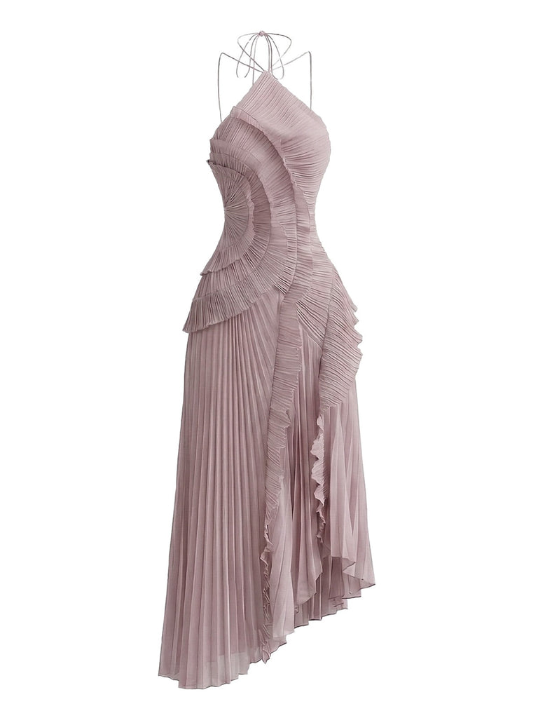 1930s Halter Ruffle Pleated Slit Maxi Dress - vintage dress, retro fashion for vintage lovers
