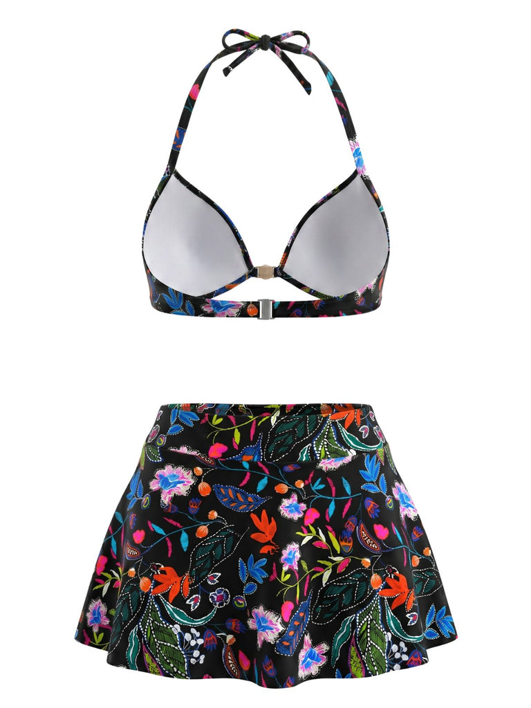 1930s Floral Print High Waist Skirted Bikini Set, vintage skirt, retro style - perfect for women who love vintage and retro fashion