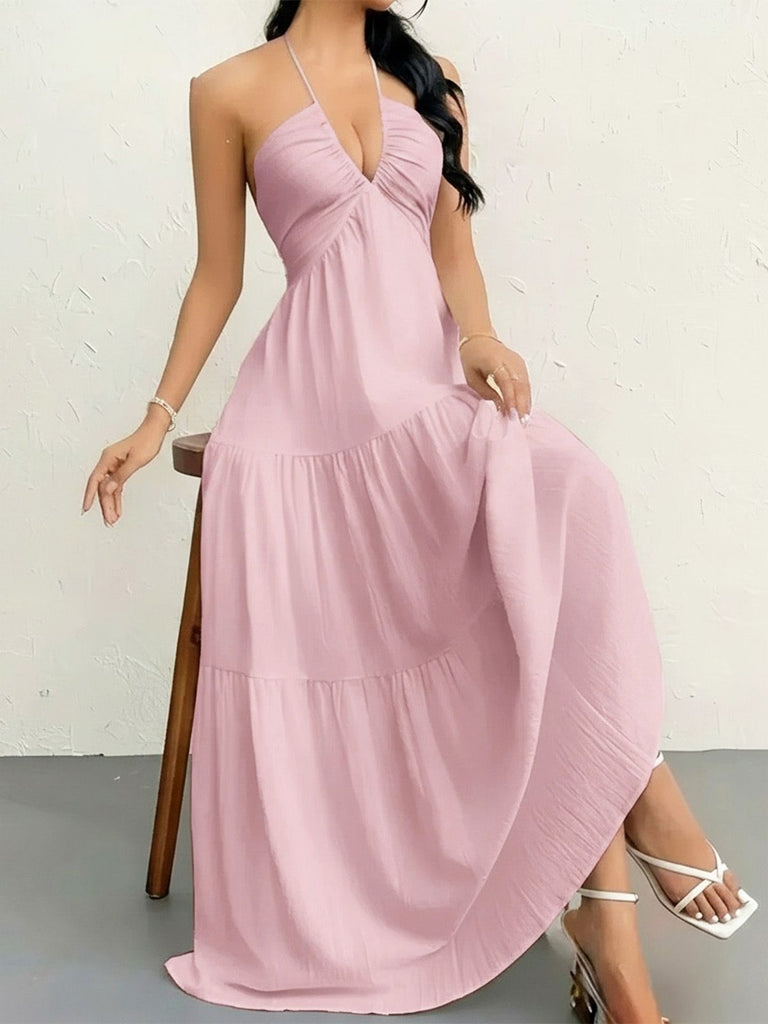 1930s Halter V-Neck Backless Solid Maxi Dress, vintage dress, retro fashion - perfect for women who love vintage and retro fashion