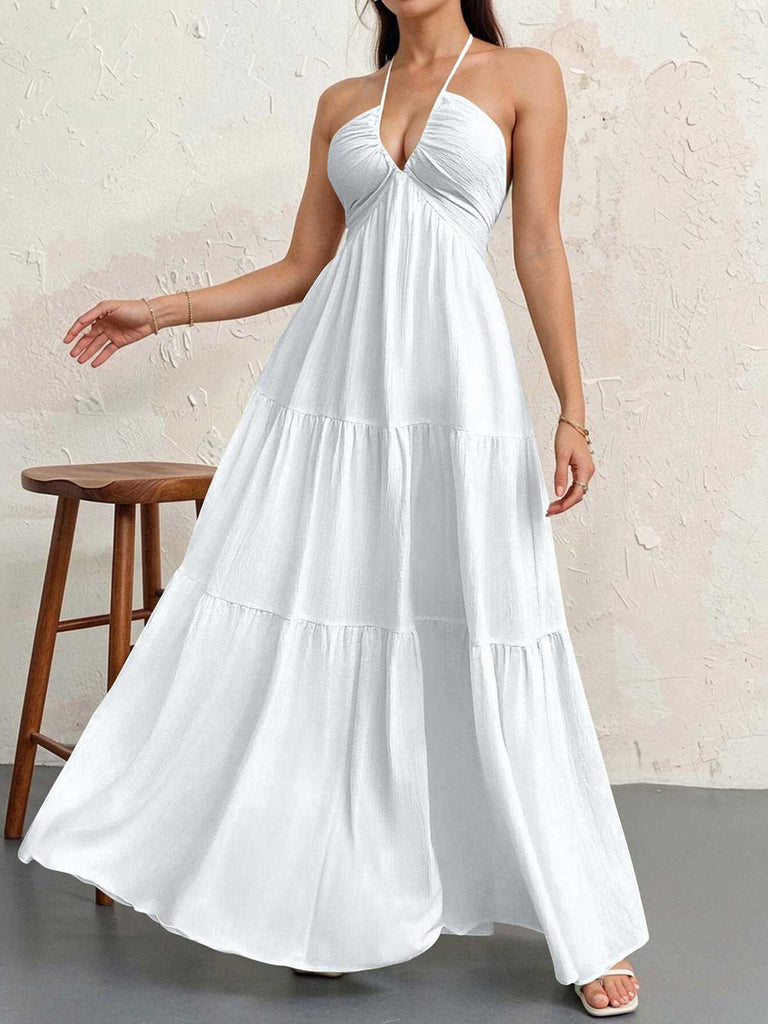 1930s Halter V-Neck Backless Solid Maxi Dress, vintage dress, retro fashion - perfect for women who love vintage and retro fashion