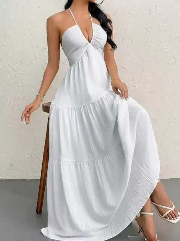 1930s Halter V-Neck Backless Solid Maxi Dress, vintage dress, retro fashion - perfect for women who love vintage and retro fashion