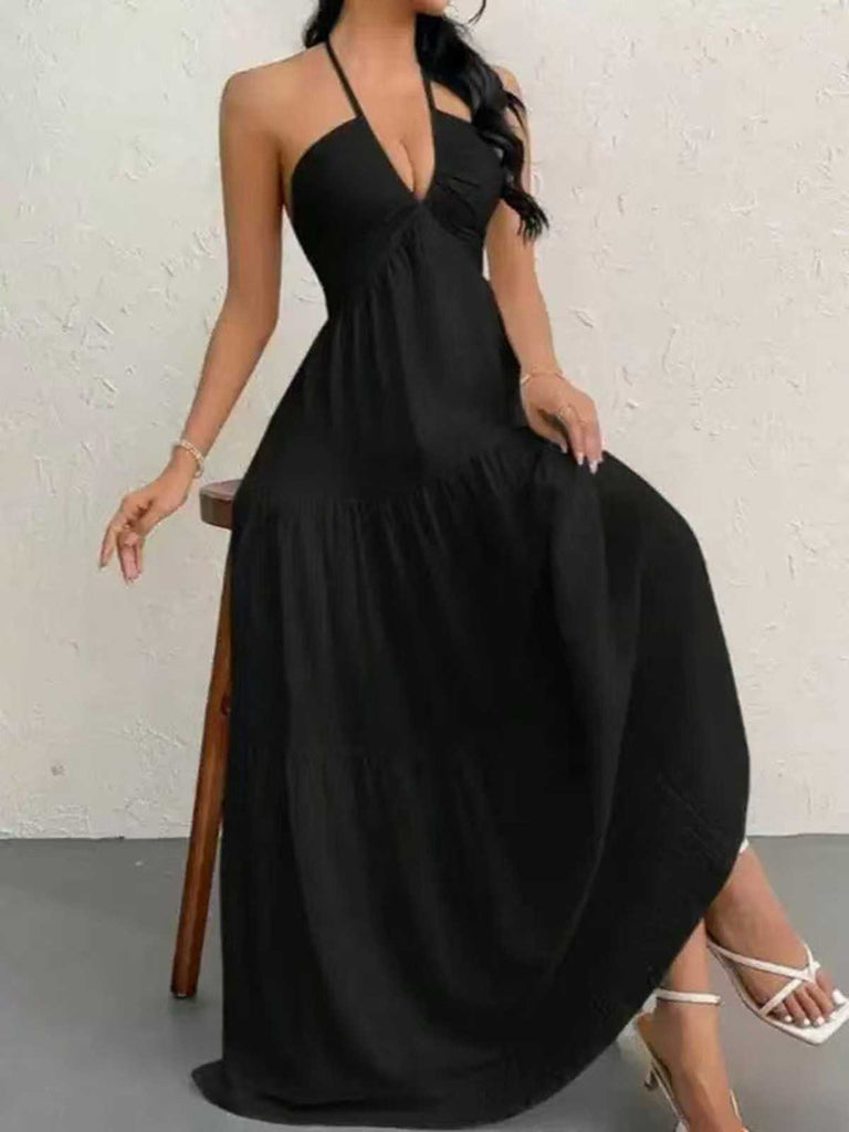 1930s Halter V-Neck Backless Solid Maxi Dress, vintage dress, retro fashion - perfect for women who love vintage and retro fashion