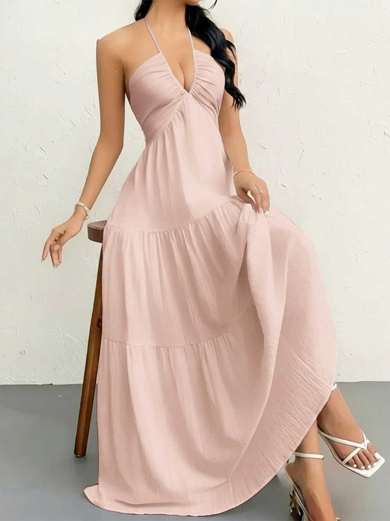 1930s Halter V-Neck Backless Solid Maxi Dress, vintage dress, retro fashion - perfect for women who love vintage and retro fashion