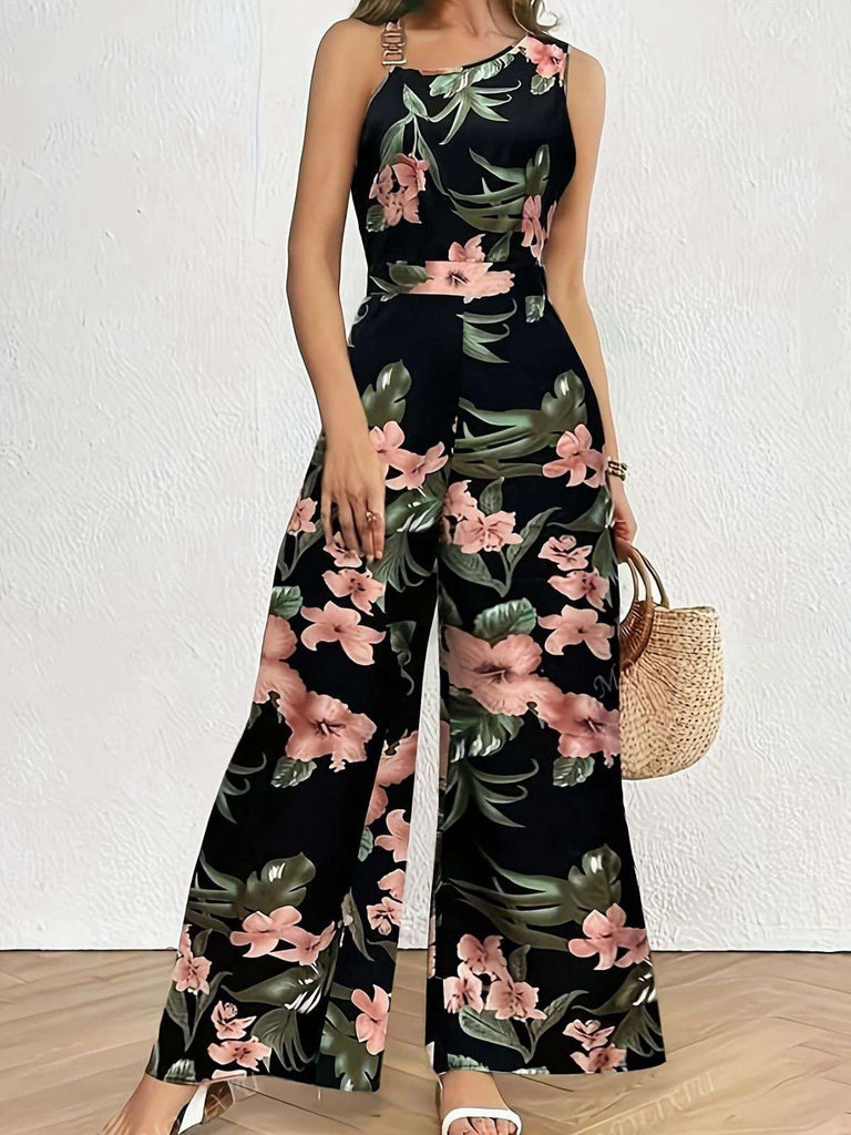 Black 1930s Floral Leaf Asymmetric Sleeveless Jumpsuit - vintage jumpsuit, retro fashion, classic black