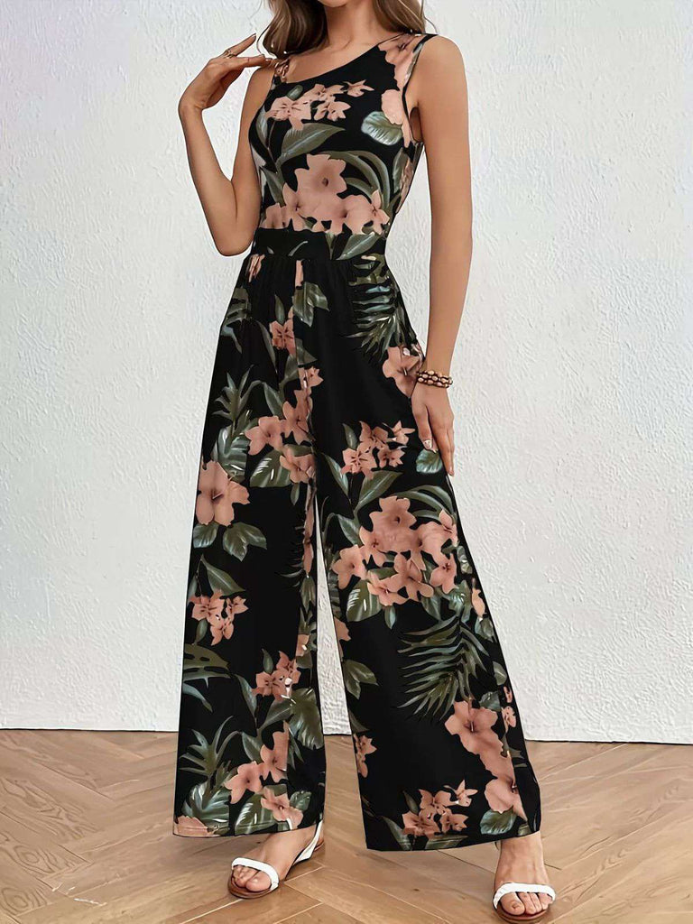 Black 1930s Floral Leaf Asymmetric Sleeveless Jumpsuit - vintage jumpsuit, retro fashion, classic black
