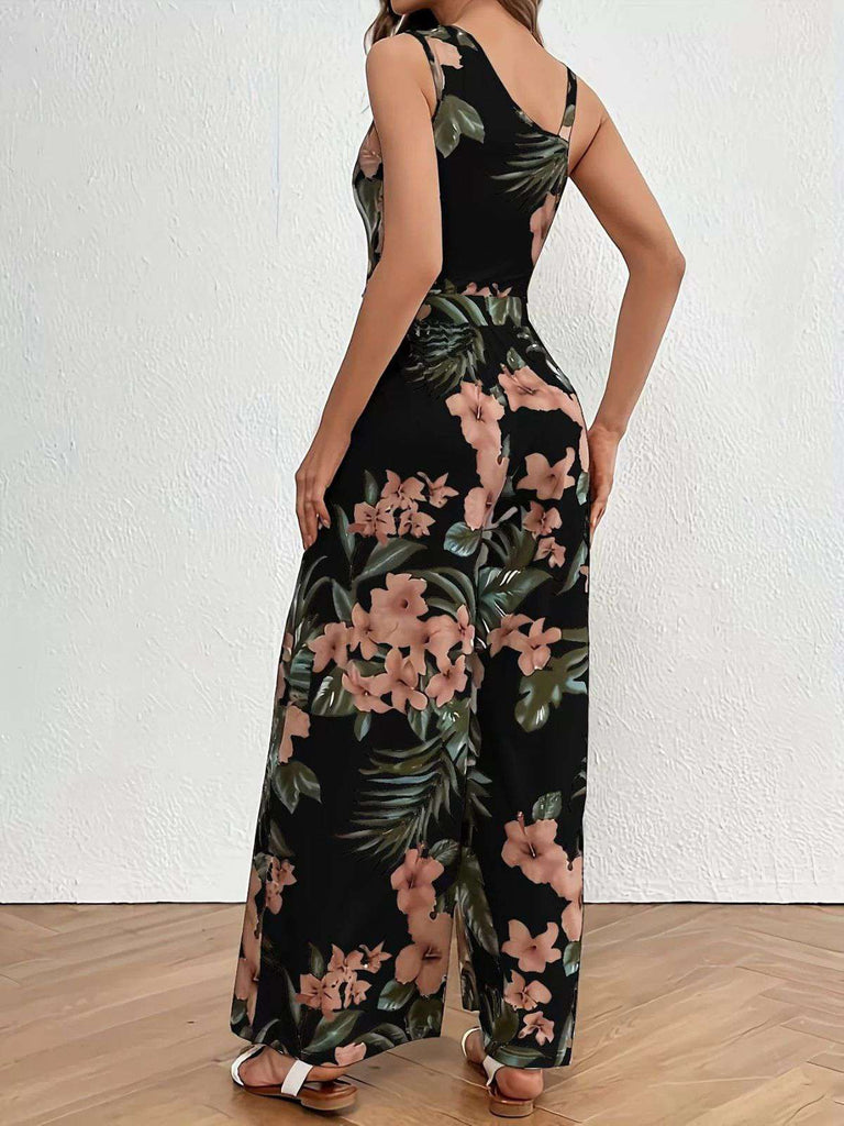 Black 1930s Floral Leaf Asymmetric Sleeveless Jumpsuit - vintage jumpsuit, retro fashion, classic black