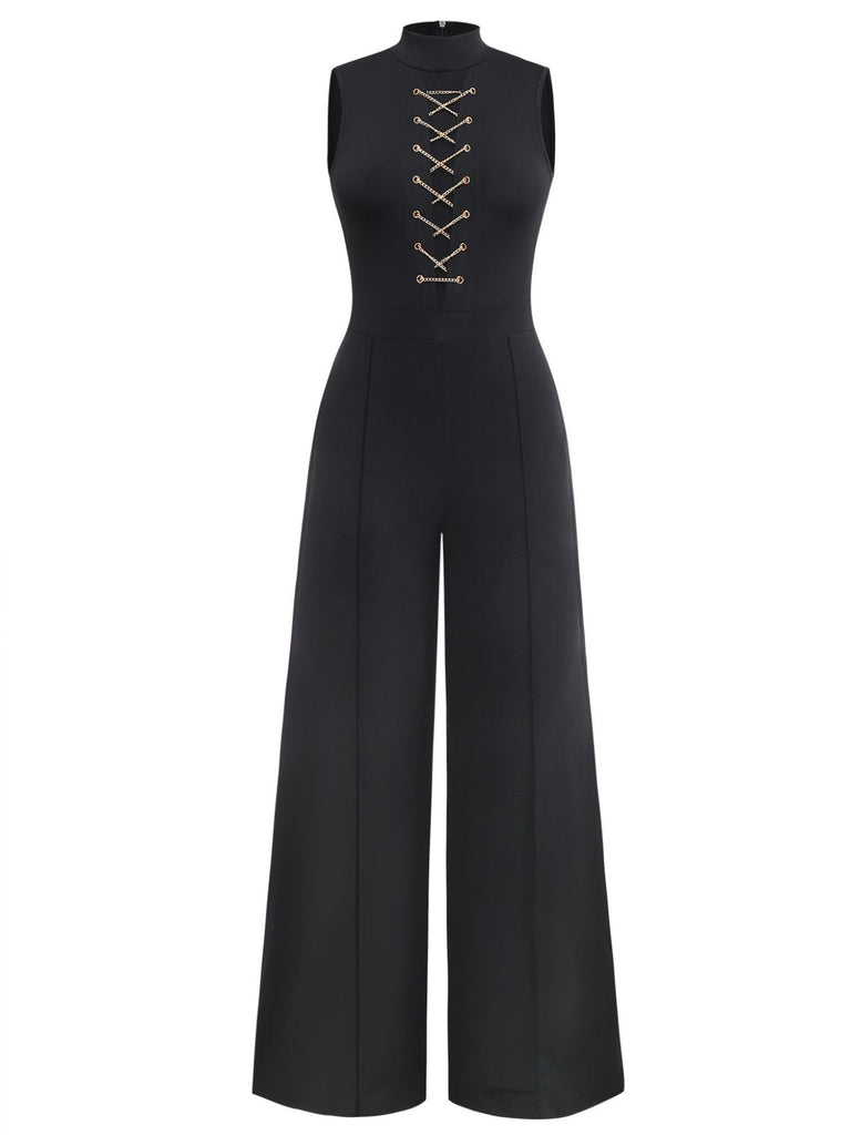 Black 1930s Sleeveless Chain Drawstring Half-Turtleneck Jumpsuit - vintage jumpsuit, retro fashion, classic black