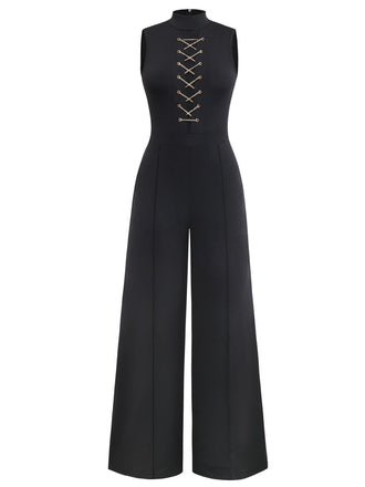 Black 1930s Sleeveless Chain Drawstring Half-Turtleneck Jumpsuit - vintage jumpsuit, retro fashion, classic black