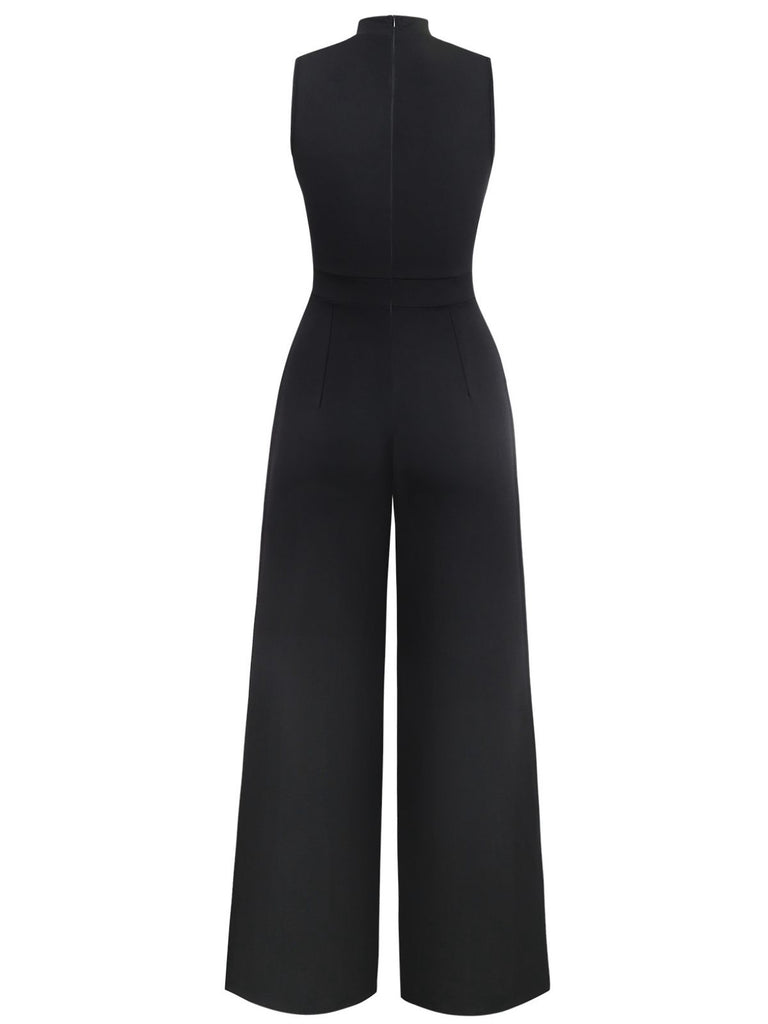 Black 1930s Sleeveless Chain Drawstring Half-Turtleneck Jumpsuit - vintage jumpsuit, retro fashion, classic black
