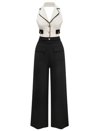 Black & White 1930s Contrast Notched Collar Jumpsuit - vintage jumpsuit, retro fashion, classic black
