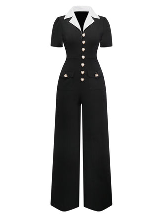Black & White 1930s Notched Collar Buttoned Jumpsuit - vintage jumpsuit, retro fashion, classic black