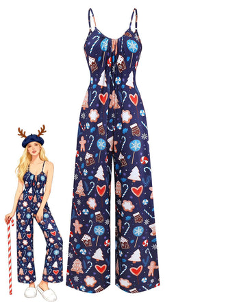 Blue 1930s Christmas Elements Printed Straps Jumpsuit - vintage jumpsuit, retro fashion