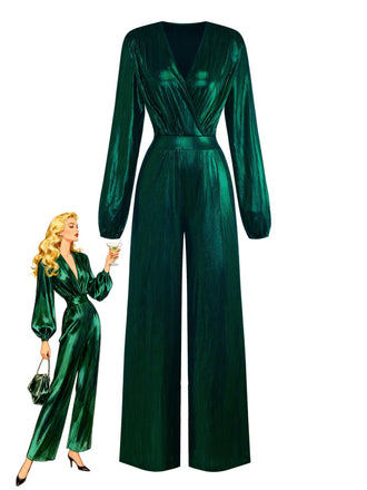 Dark Green 1930s Metallic V-Neck Lantern Sleeve Jumpsuit - vintage jumpsuit, retro fashion