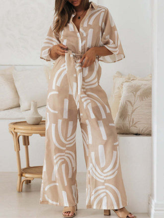 Khaki 1930s Geometric Printed Half Sleeves Lapel Jumpsuit - vintage jumpsuit, retro fashion