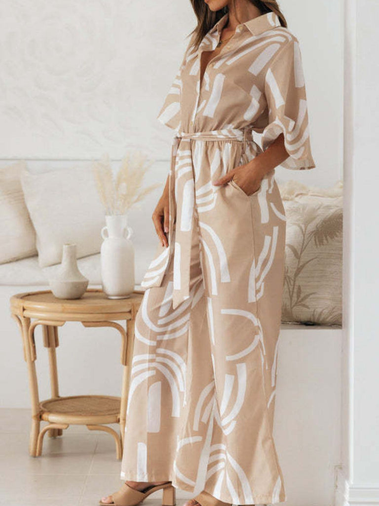 Khaki 1930s Geometric Printed Half Sleeves Lapel Jumpsuit - vintage jumpsuit, retro fashion