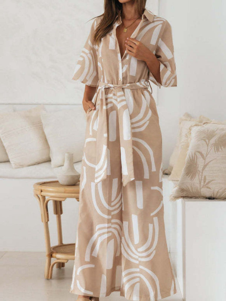 Khaki 1930s Geometric Printed Half Sleeves Lapel Jumpsuit - vintage jumpsuit, retro fashion
