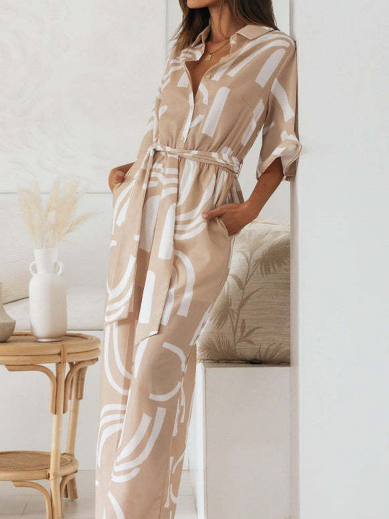 Khaki 1930s Geometric Printed Half Sleeves Lapel Jumpsuit - vintage jumpsuit, retro fashion