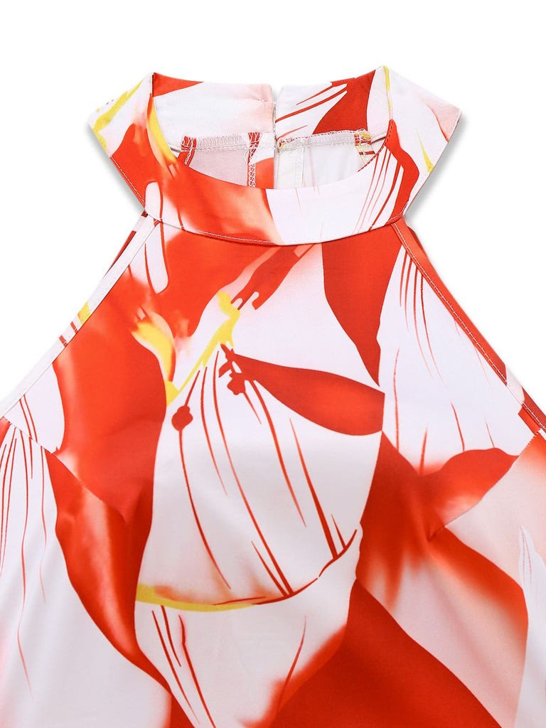 Red 1930s Abstract Prints Belted Sleeveless Jumpsuit - vintage jumpsuit, retro fashion, elegant red