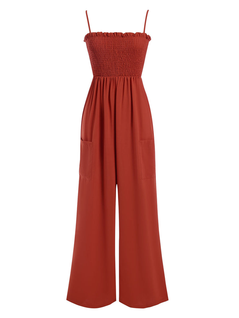 Red 1930s Spaghetti Strap Pleated Ruffles Solid Jumpsuit - vintage jumpsuit, retro fashion, elegant red