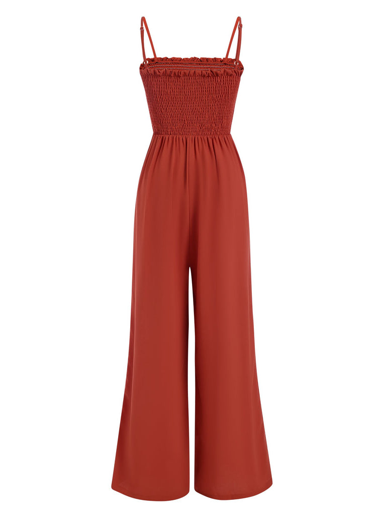 Red 1930s Spaghetti Strap Pleated Ruffles Solid Jumpsuit - vintage jumpsuit, retro fashion, elegant red