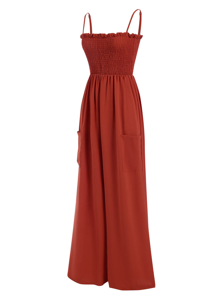 Red 1930s Spaghetti Strap Pleated Ruffles Solid Jumpsuit - vintage jumpsuit, retro fashion, elegant red