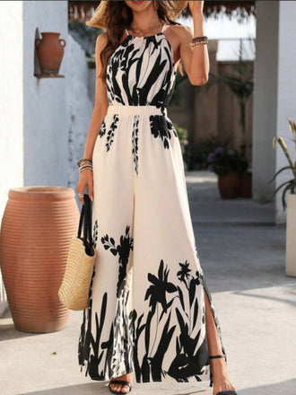 White 1930s Silhouette Plants Spaghetti Straps Jumpsuit - vintage jumpsuit, retro fashion, pure white