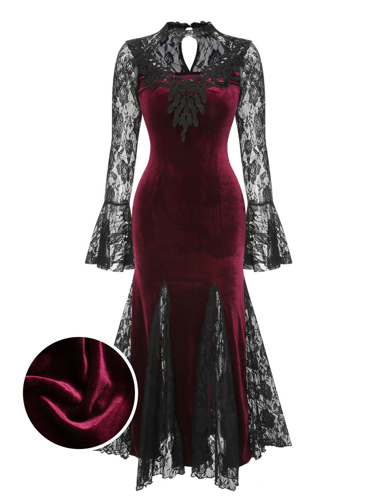 Front view: 1930s 1930s Lace Long Sleeve Fishtail Dress, perfect for retro themed parties, vintage fashion enthusiasts and special occasions