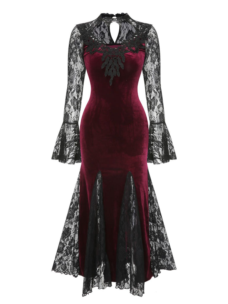 Side view: 1930s 1930s Lace Long Sleeve Fishtail Dress, perfect for retro themed parties, vintage fashion enthusiasts and special occasions