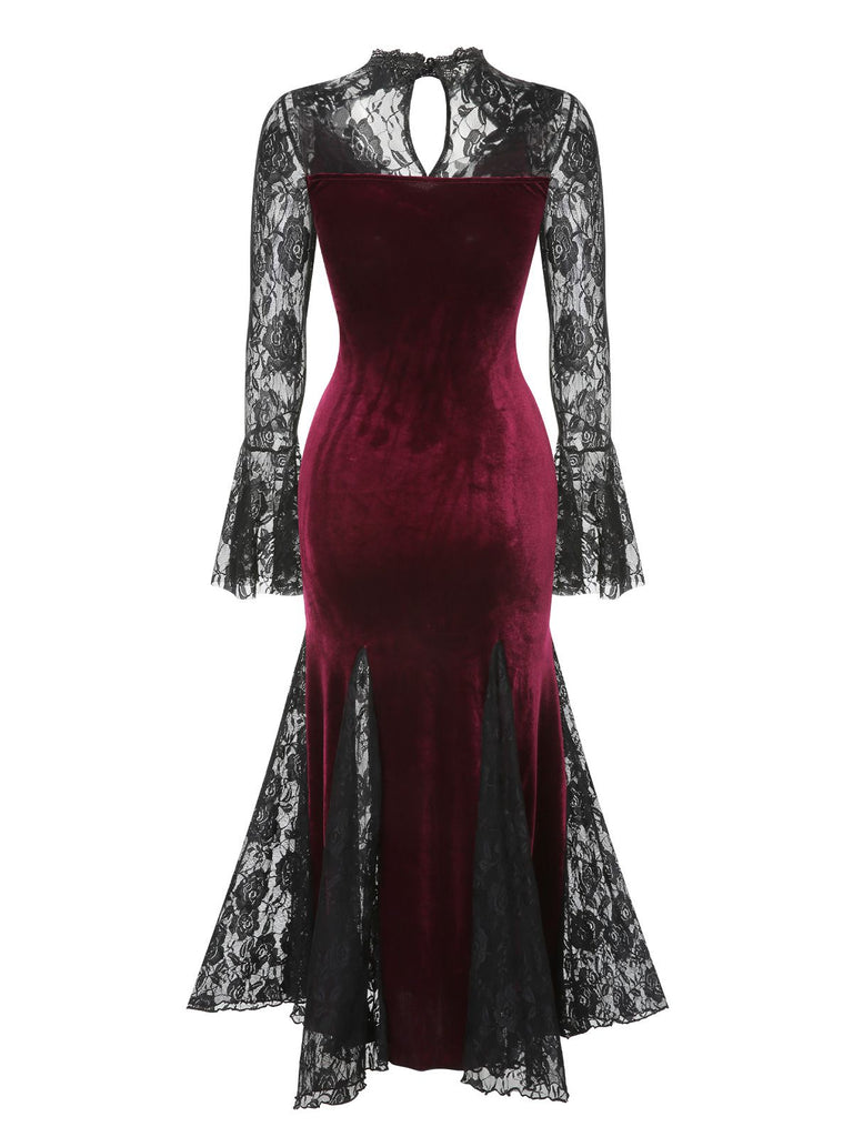 Detail close-up: 1930s 1930s Lace Long Sleeve Fishtail Dress, perfect for retro themed parties, vintage fashion enthusiasts and special occasions