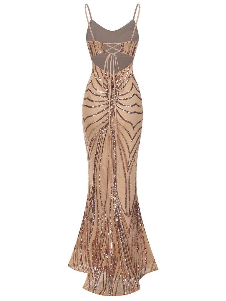 1930s Lace-Up Backless Sequined Maxi Dress, vintage dress, retro fashion, lace detail - perfect for women who love vintage and retro fashion