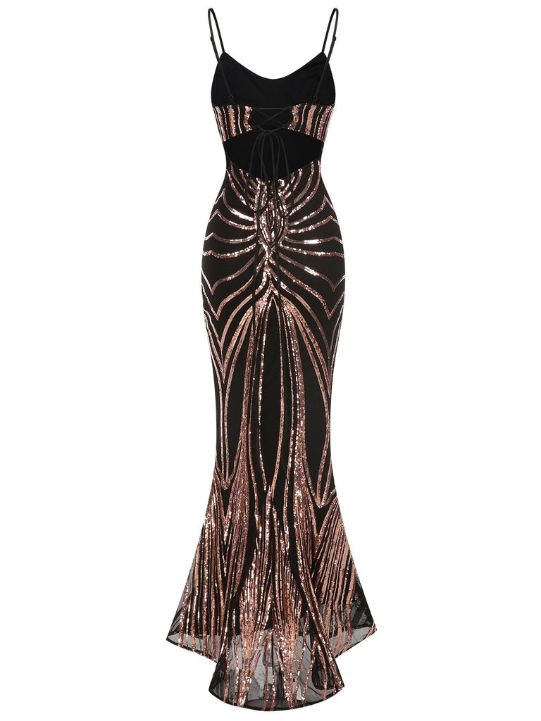 1930s Lace-Up Backless Sequined Maxi Dress, vintage dress, retro fashion, lace detail - perfect for women who love vintage and retro fashion