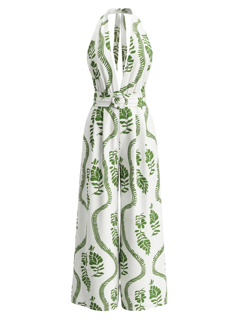 1930s Leaf Halter Deep V Backless Jumpsuit: beautiful vintage romper, retro jumpsuit, playful style with timeless appeal