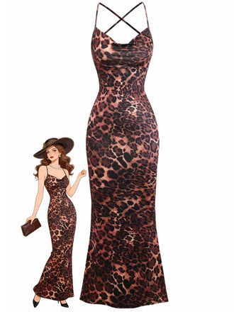 1930s Leopard Print Backless Spaghetti Strap Dress - vintage dress, retro fashion