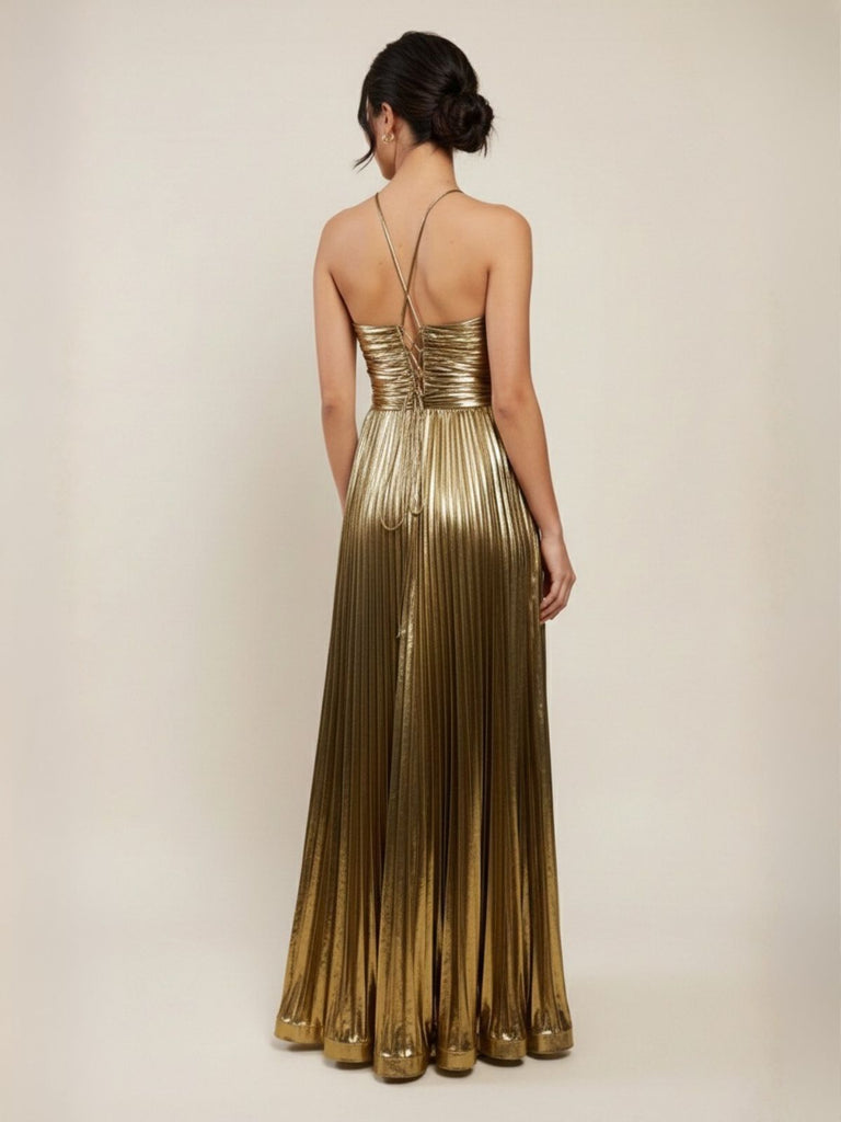 1930s Metallic Cross Halter Pleated Dress - vintage dress, retro fashion