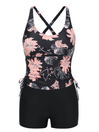 Front view: 1930s 1930s Pink Floral Lace-Up Tankini, perfect for retro themed parties, vintage fashion enthusiasts and special occasions