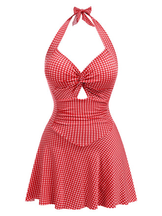 1930s Plaid Halter One-Piece Swimsuit — 1930s poolside glamour meets sun-drenched confidence