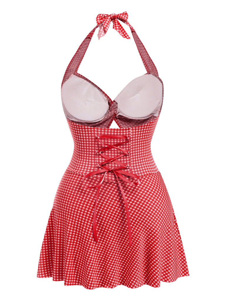 She's wearing 1930s Plaid Halter One-Piece Swimsuit and the whole beach remembers the 1930s