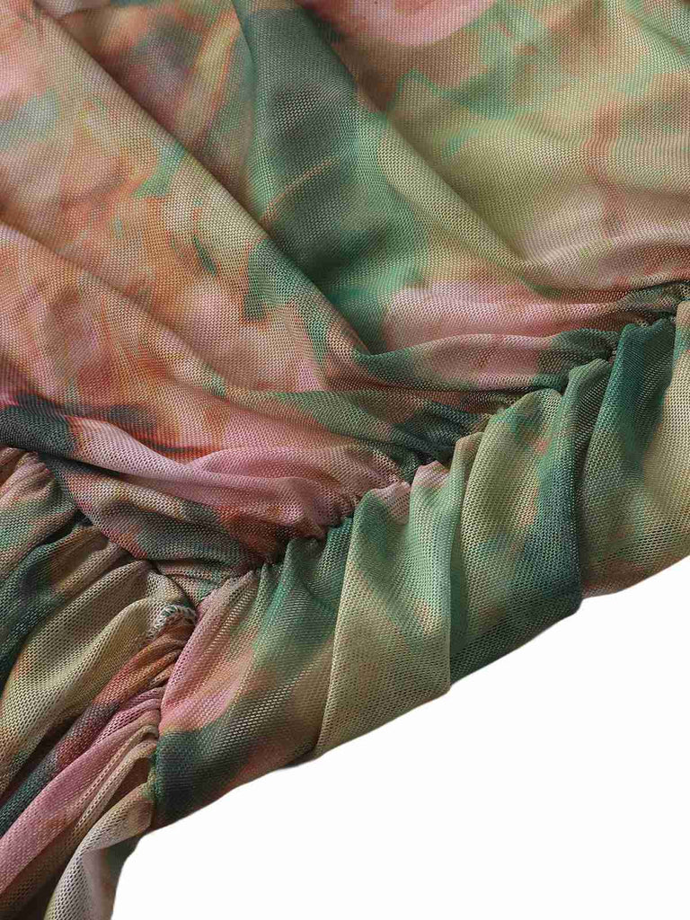 1930s Rose Print Fishbone Ruched Slit Dress