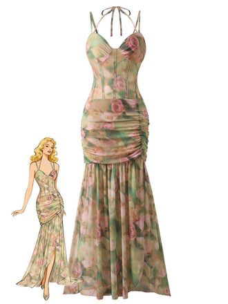 1930s Rose Print Fishbone Ruched Slit Dress - vintage dress, retro fashion