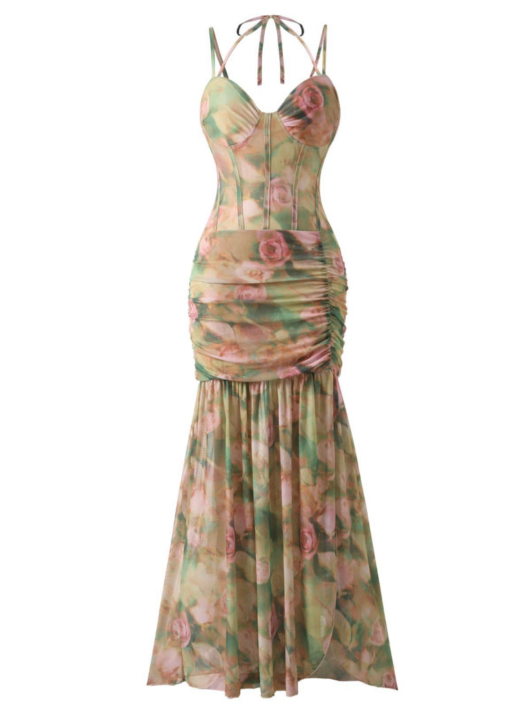 1930s Rose Print Fishbone Ruched Slit Dress - vintage dress, retro fashion