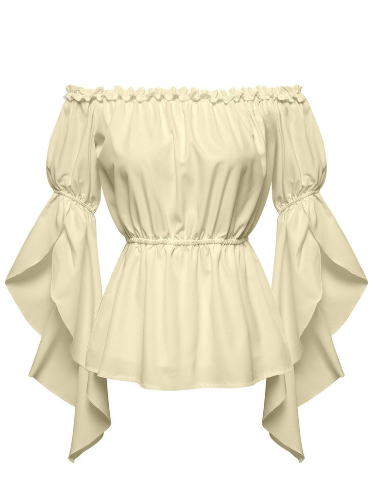 1930s Ruffled Bell Sleeve Off-Shoulder Solid Top - vintage fashion, retro style