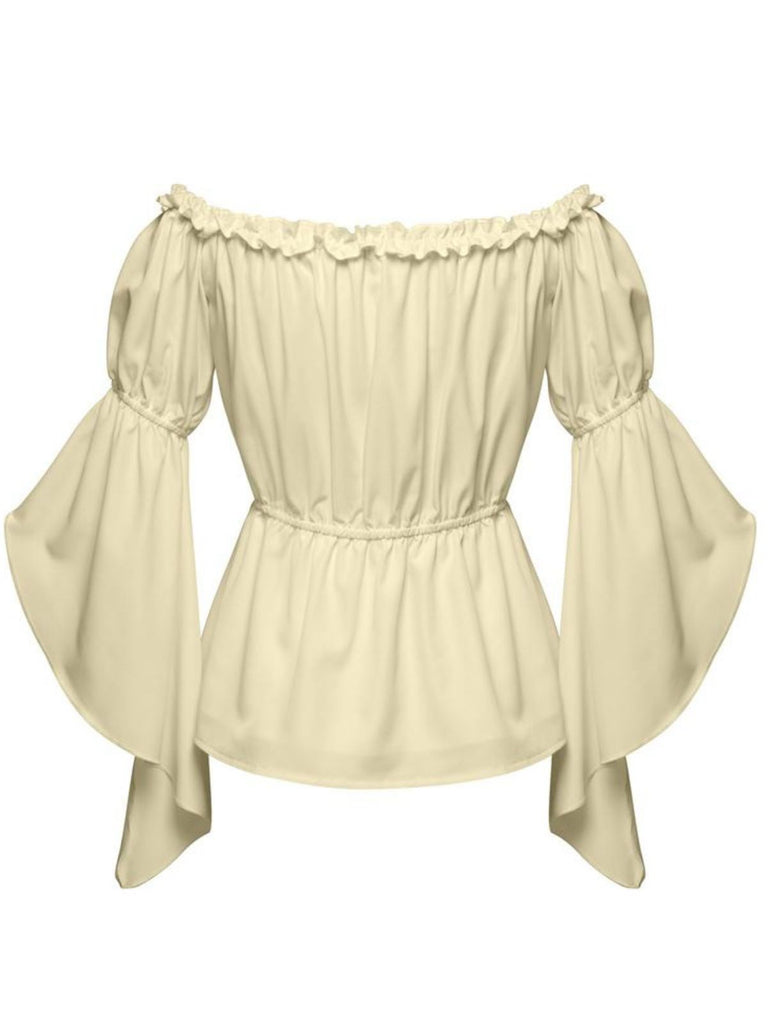 1930s Ruffled Bell Sleeve Off-Shoulder Solid Top - vintage fashion, retro style