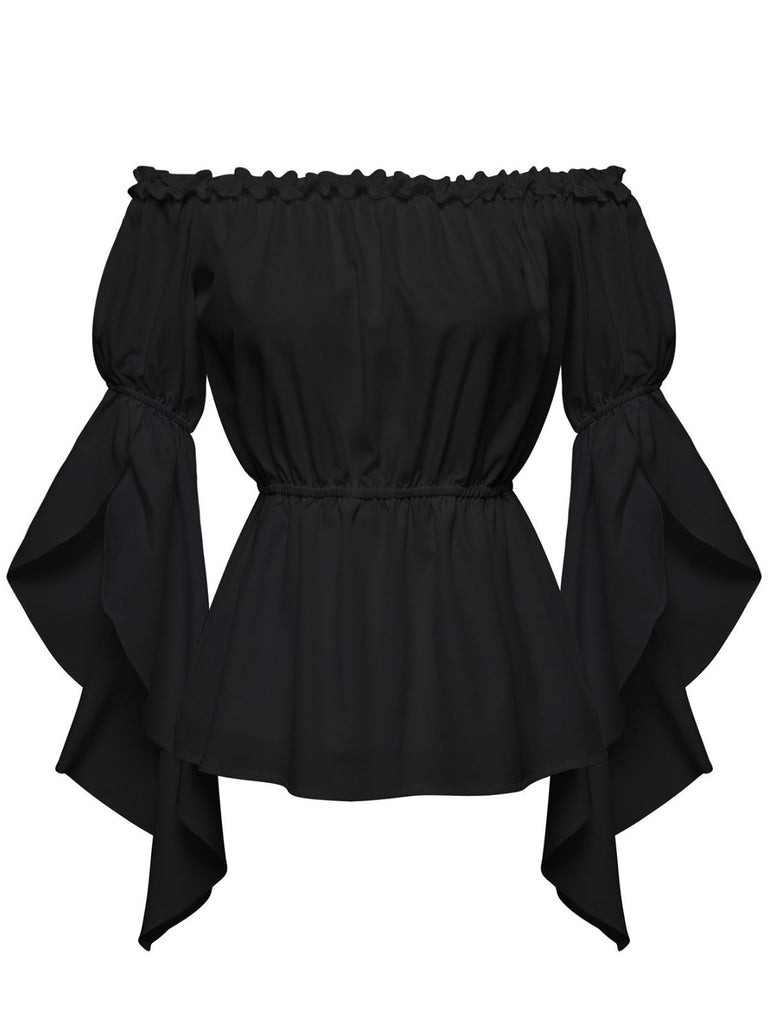 1930s Ruffled Bell Sleeve Off-Shoulder Solid Top - vintage fashion, retro style