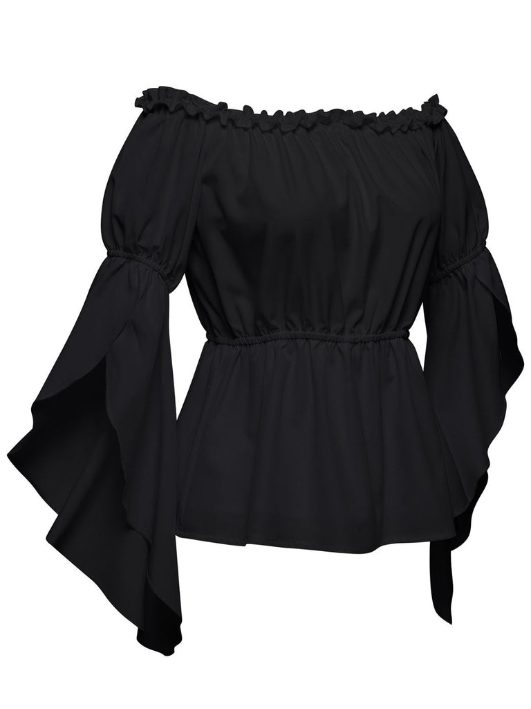1930s Ruffled Bell Sleeve Off-Shoulder Solid Top - vintage fashion, retro style